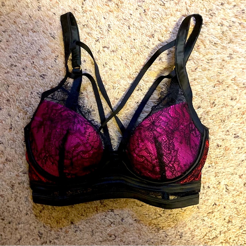 Black lace strappy sexy bra top over bright pink & orange Ann Summers Nordstrom
